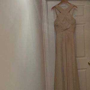 Corset back evening dress. Floor length. Crème color poly. Size 8